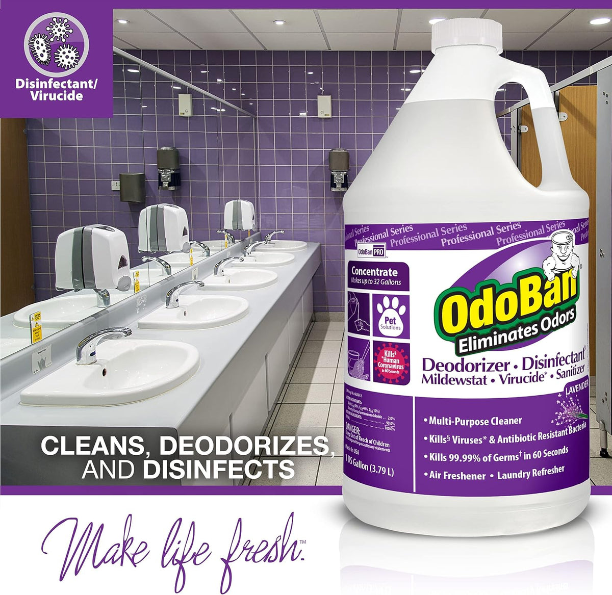 OdoBan Professional Disinfectant and Odor Eliminator Concentrate, 3-Pack, 1 Gallon Each, Lavender Scent