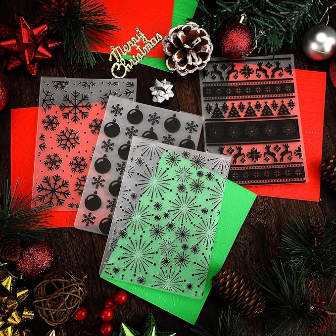 4 Pieces Christmas Plastic Embossing Folder Christmas Embossing Template Snowflake Bells Pattern Scrapbooking Embossing for Christmas Craft Cards Decorations