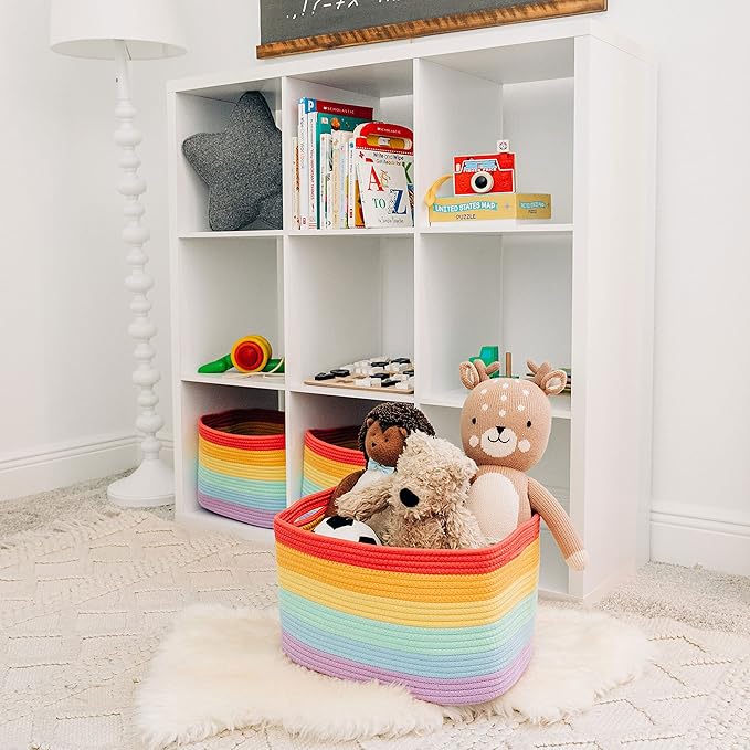 OrganiHaus 3-Pack Rope Rainbow Storage Baskets for Shelves | for Classroom and Nursery | Storage Bins & Toy Organizer for Baby Room