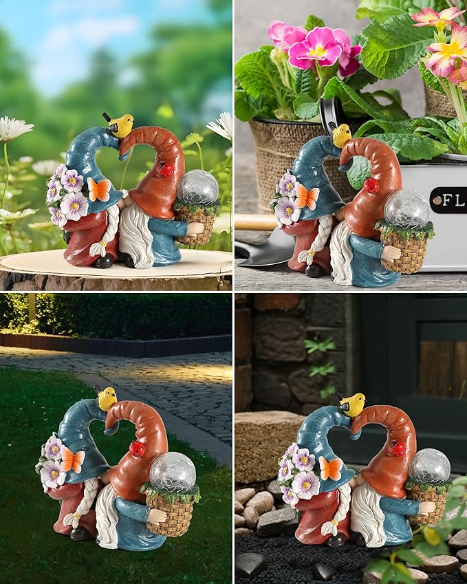 iStatue Solar-Powered 8.3'' Spring Summer Kissing Gnomes Decorations for Home & Garden - Decorative Outdoor Lawn Ornaments and Statues Clearance (Loved Gnomes)