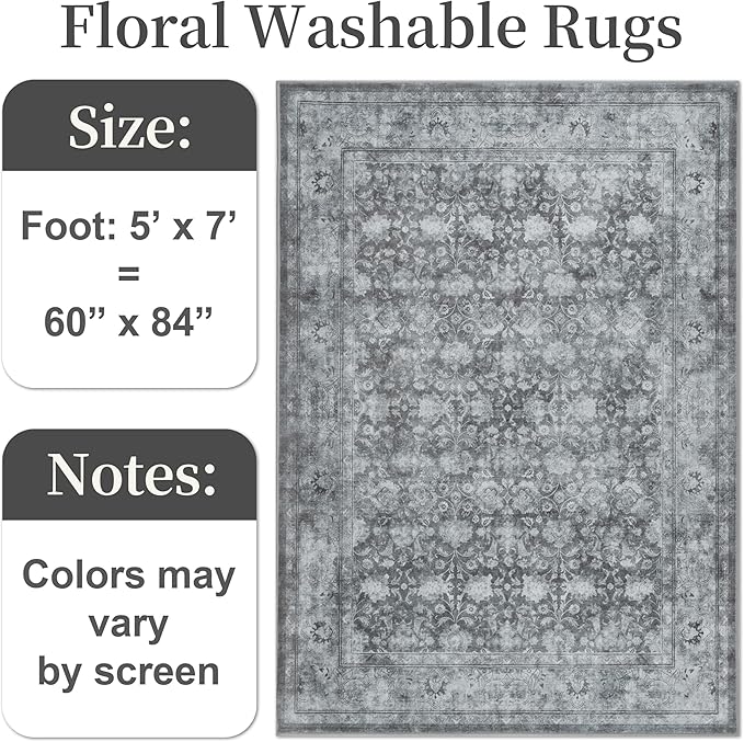 5x7 Washable Area Rug for Living Room, Non Slip Vintage Floral Rugs for Bedroom, Retro Indoor Floor Carpet for Kitchen, Dining Room, Farmhouse, Classroom (Distressed Grey)
