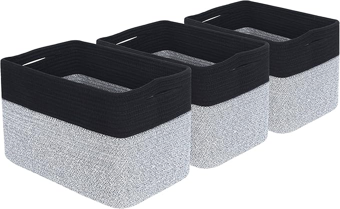 MINTWOOD Design 3-Pack Storage Baskets for Shelves, Playroom Classroom Storage Basket, Book Basket, Decorative Storage Cube Bins, Woven Closet Organizers, Pantry and Shoe Organizer, Black Light Grey