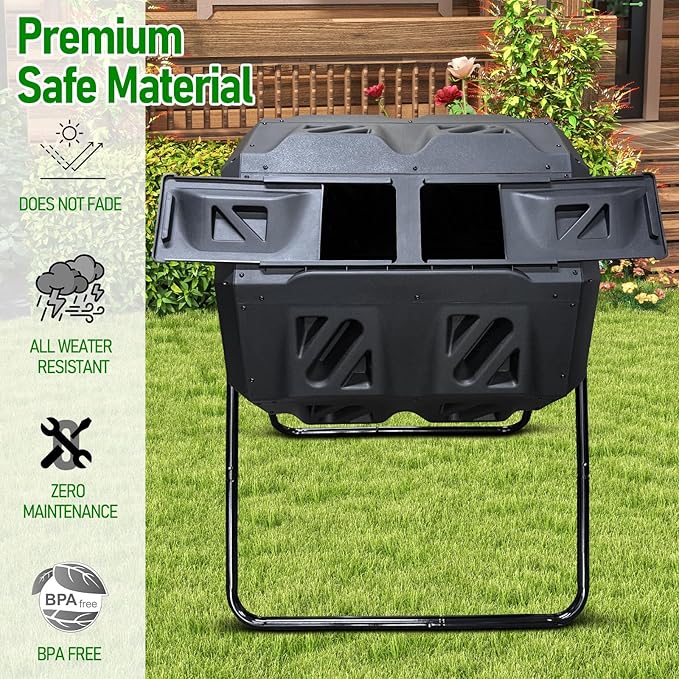Compost Bin, 43 Gallon Dual Chamber Composter Tumbler Outdoor with 2 Sliding Door and Aeration System, BPA-Free Large Rotating Composting Bin for Garden, Kitchen, and Yard Waste, Black