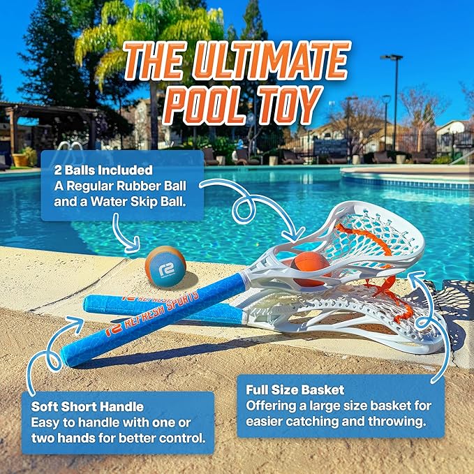 Mini Toss Lacrosse Set – The Ultimate Game for the Backyard and Pool- Fun Gift for Kids - Comes with Water Skipping Ball & Rubber Ball - Comes with Full Size Large Basket for Easier to Catch & Throw
