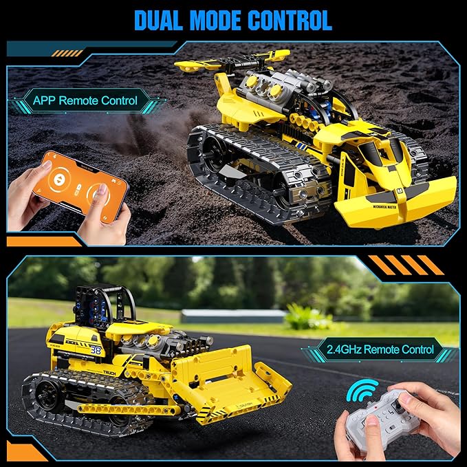 zinat 3 in 1 STEM Remote Control Bulldozer Building Set, DIY Engineering Construction Kit with APP & Remote, Educational Robot Blocks Toy, Birthday for Kids Teens Adults - 452 Pcs