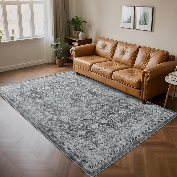 5x7 Washable Area Rug for Living Room, Non Slip Vintage Floral Rugs for Bedroom, Retro Indoor Floor Carpet for Kitchen, Dining Room, Farmhouse, Classroom (Distressed Grey)