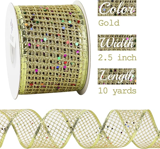 MEEDEE Gold Glitter Ribbon Gold Christmas Ribbon 2.5 Inch Square Mesh Net Wired Ribbon with Rainbow Sparkle Gold Wired Ribbon Gold Ribbon for Christmas Tree Decoration, Wreath Bow Making (10 Yards)