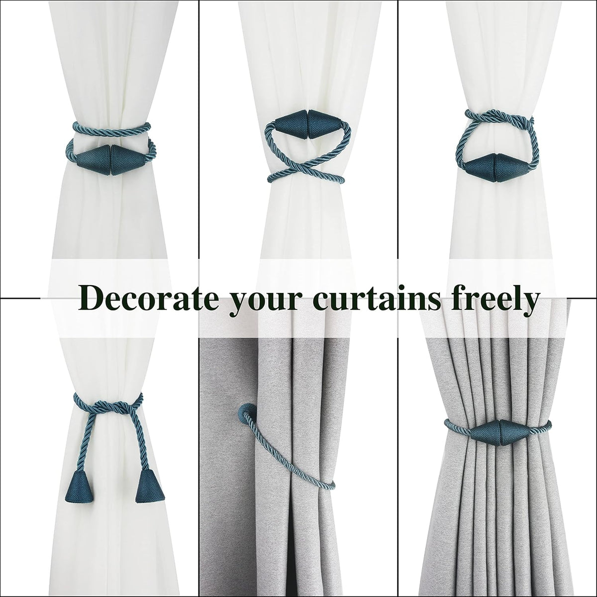 2 Pack Magnetic Curtain Tiebacks Rope Modern Handmade Curtain Tie Backs Decorative Drapes Weave Holdbacks for Window Décor, Blue