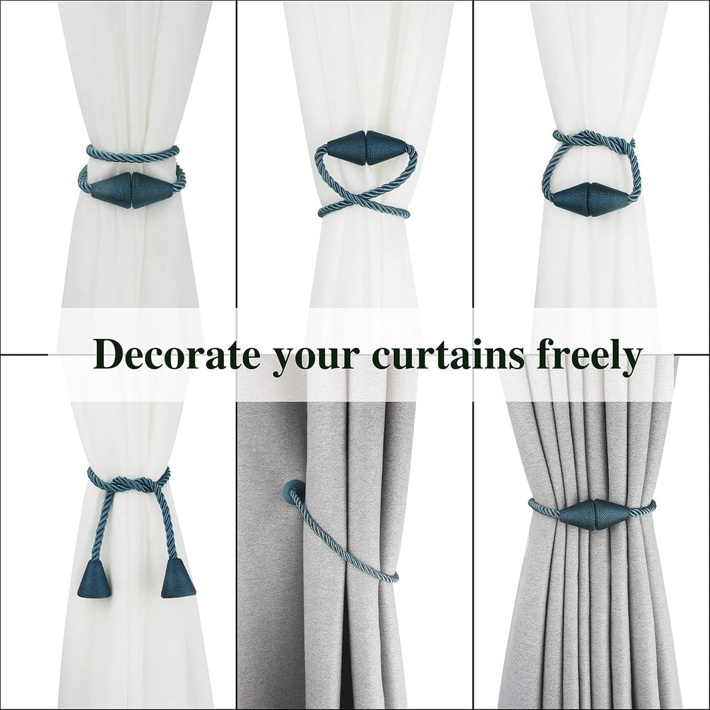 4 Pack Magnetic Curtain Tiebacks Rope Modern Handmade Curtain Tie Backs Decorative Drapes Weave Holdbacks for Window Décor, Blue