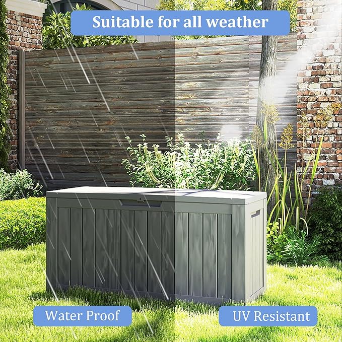 90 Gallon Outdoor Cushion Storage - Waterproof Deck Boxes for Outdoor, Space-Saving Deck Box with Lock for Patio/Pool Accessories, UV-Resistant Resin, Granite Grey