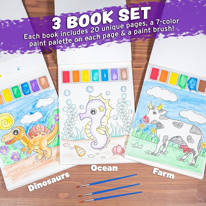 Imagination Works® Paint with Water Books for Kids, 3 Pack | Watercolor Coloring Book Set for Toddler Activities | Spillproof Kids Paint Palettes on Each Page | Travel Toys | Dinosaurs, Farm & Sea