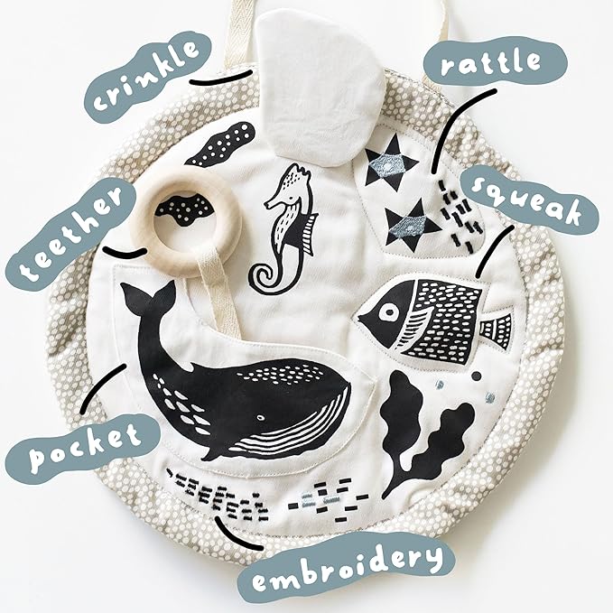 Wee Gallery Ocean Activity Pad Organic Baby Play Mat with Sensory Toys, High Contrast Newborn Essentials Soft Tummy Time Mat for Babies 0-12 Months, Visual and Motor Skill Development Toy
