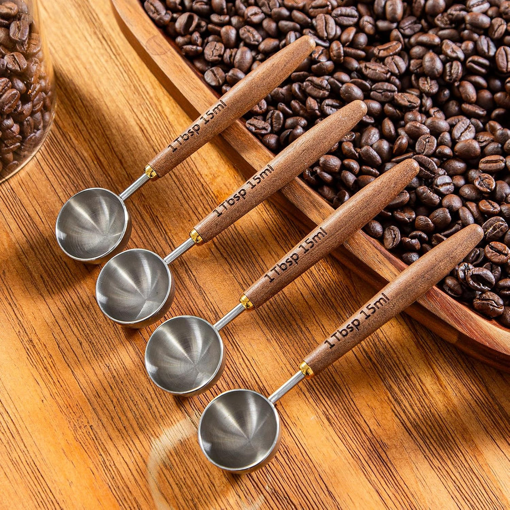 4PCS Wood Scoops for Jars Wooden Scoops for Canisters 1Tbsp Measuring Spoons for Coffee Bean Powder Coffee Scoop Measuring Scoop for Salt Sugar Multipurpose-Black Walnut+304 Stainless Steel
