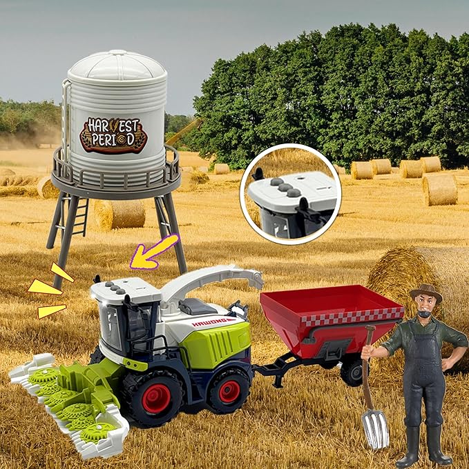 Farm Animals Toys Set Barn Toy Combine Harvester Tractor with Trailer Horse Stable Grain Bins Horse Cow Farmer Figures Fence Playset for Kids Toddlers Boy Girl 3-7 Years Old