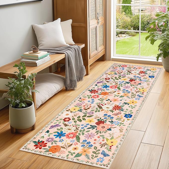 Runner Rug for Entryway: 2x10 Kitchen Rugs Non Slip Washable Ultra-Thin Soft Floral Carpet Indoor Floor Stain Resistant Carpets for Hallway Bedroom Kitchen Laundry Bathroom Dorm Beige