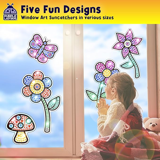 PURPLE LADYBUG SUNGEMMERS Suncatcher Gem Art for Kids - Fun Summer Activity for Ages 6-12, Birthday Gift for Girls 6-8, 8-12, Arts & Crafts Activities, Window Diamond Art Kit