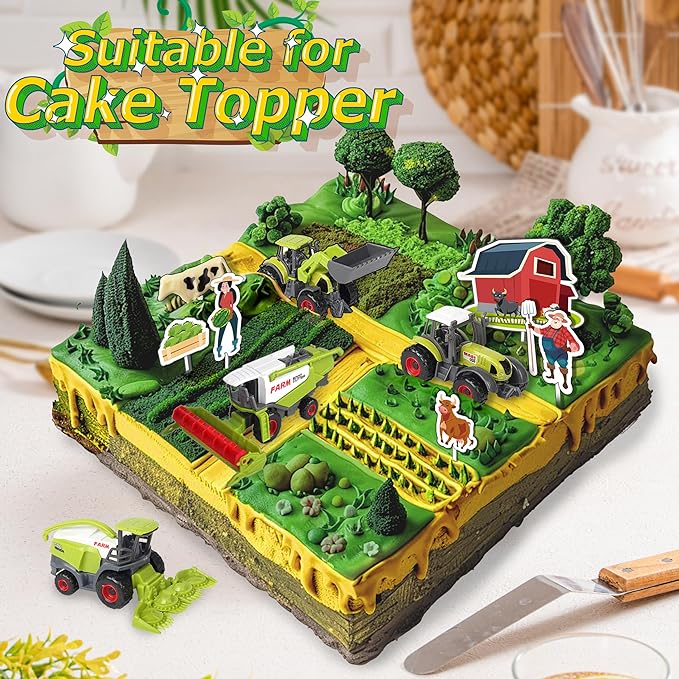 Oriate Kids Farm Toys Realistic Tractor Vehicle Playset, Diecast Car Set Educational Mini Farm Animals with Flatbed Trailer, Birthday Gift for Children 3 Year Old