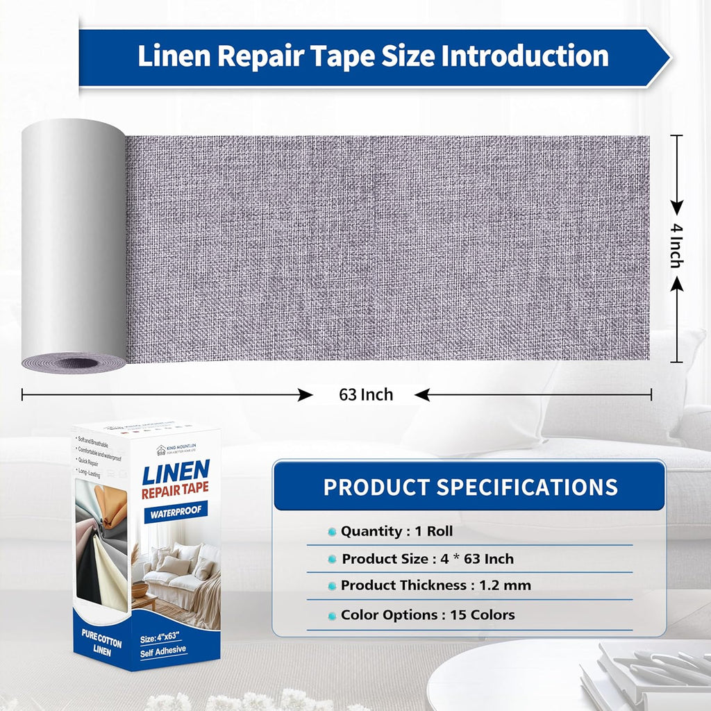 KING MOUNTAIN Linen Repair Patches, Self-Adhesive Linen Fabric Patches, 4 X 63 inch Extra Size, Multi Color, Can be Used for Linen Sofa Repair and Linen Clothes Repair (Light Grey)