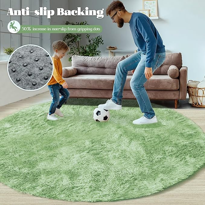 4FT Round Rug for Bedroom: Fluffy Shag Soft Washable Rugs Circle Small Fuzzy Plush Indoor Carpet for Living Room Nursery Playroom Dorm Kids Girls Boys Room (Sage Green, 4'x4')