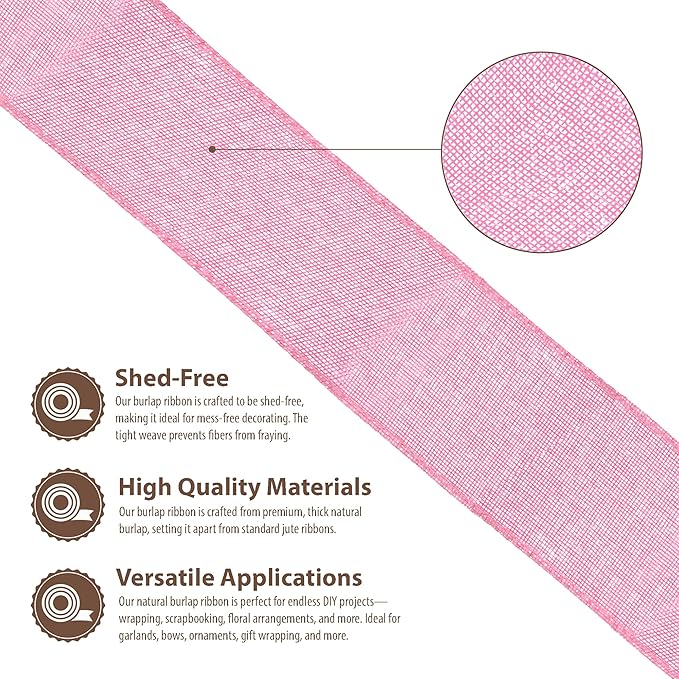 Mandala Crafts Pink Burlap Ribbon 2.5 Inches Wide Jute Ribbons for Crafts - 20 Yds Roll Rustic Burlap Wrap Trim Ribbons for Wreaths Bows Wedding Party Decoration