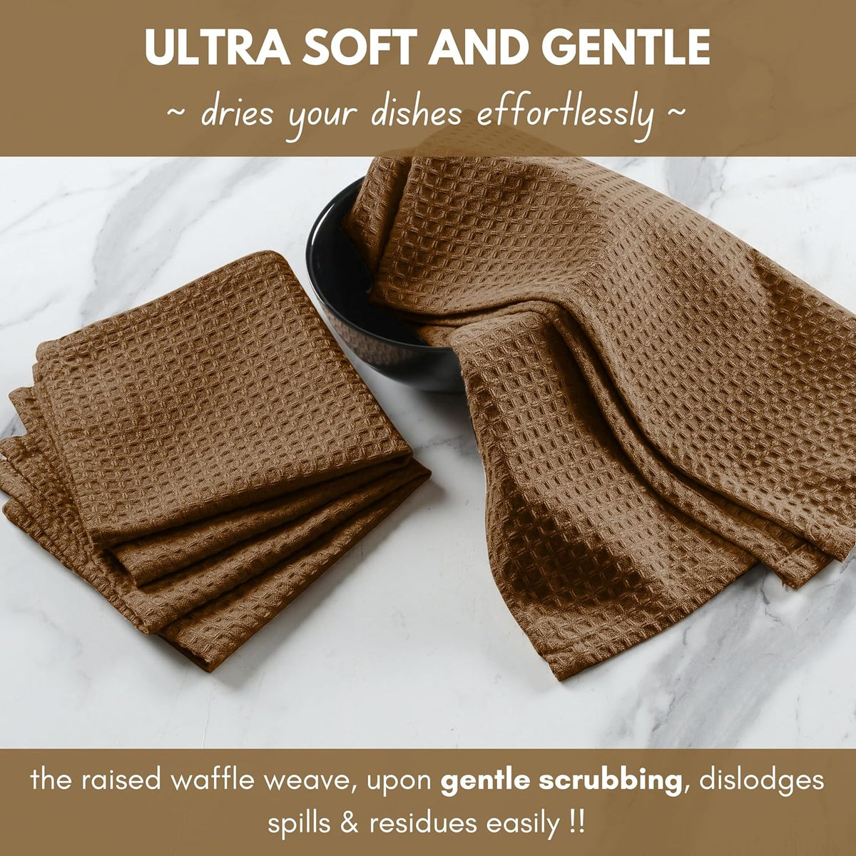 Native Fab Waffle Weave Dish Towels 12 Pack 100% Cotton, 16x26 Inches, Super Absorbent, Quick Dry, Waffle Knit Dishcloths with Hanging Loop, Washable for Kitchen Cleaning, Drying Dishes, Brown