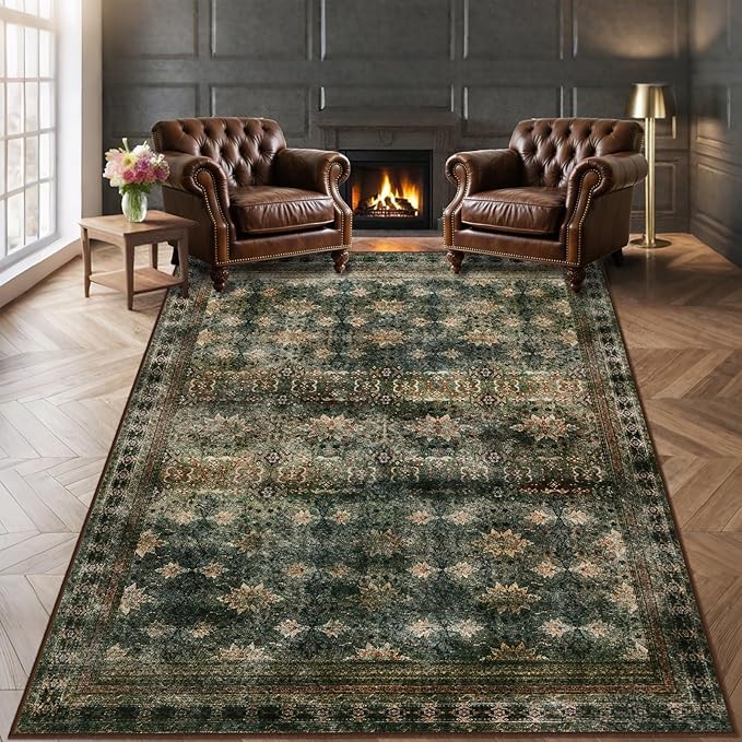 Large 8x10 Washable Area Rug for Living Room, No Shedding Vintage Floral Print Rugs Non Slip, Indoor Thin Retro Accent Carpet for Bedroom Farmhouse Dining Room(Dark Green/Brown/Multi)