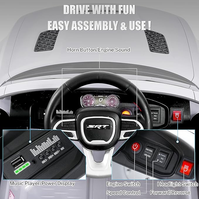 12V 7Ah Kids Electric Ride on Car, Licensed Dodge Charger SRT Hellcat, Battery Powered 4-Wheels Toy Car Electric Vehicle for Kids with Remote Control, 3 Speeds, LED Lights, Music (White)