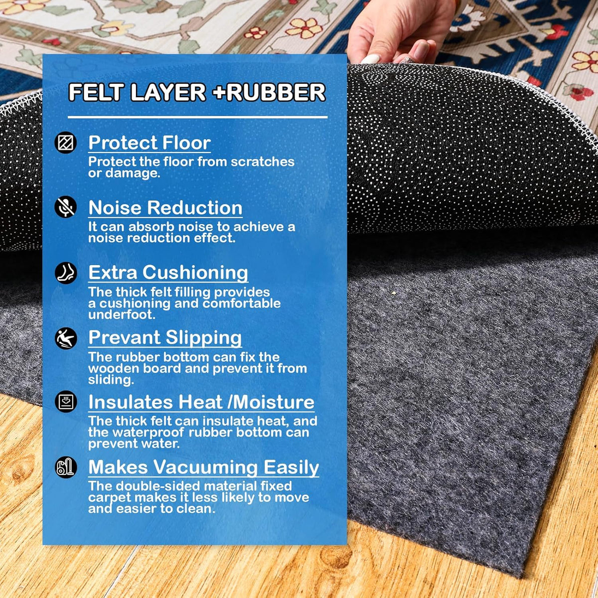 Non-Slip Rug Pads 5 x 7 ft, 100% Waterproof Extra Large Area Rugs Non Skid Rug Pad for All Floors and Finishes Durable Hardwood Floor Protective Felt Keeps Rugs in Place, Safe and Secure