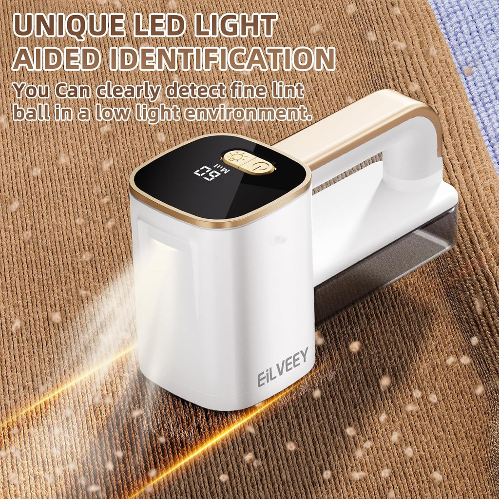 Rechargeable Lint Remover, Fabric Shaver Fuzz Remover, Sweater Shavers with 6-Leaf Blades, 3-Speeds Digital LED Display to Remove Pilling for Clothing and Furniture, Lint Ball, White