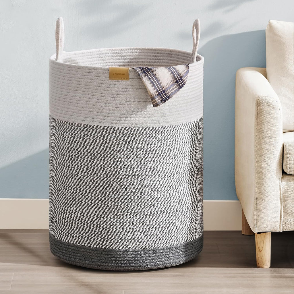 Laundry Hamper 75L,Large Laundry Basket for Clothes,Decorative Storage Basket for Blankets,Cotton Rope Woven basket for bedroom,Grey White