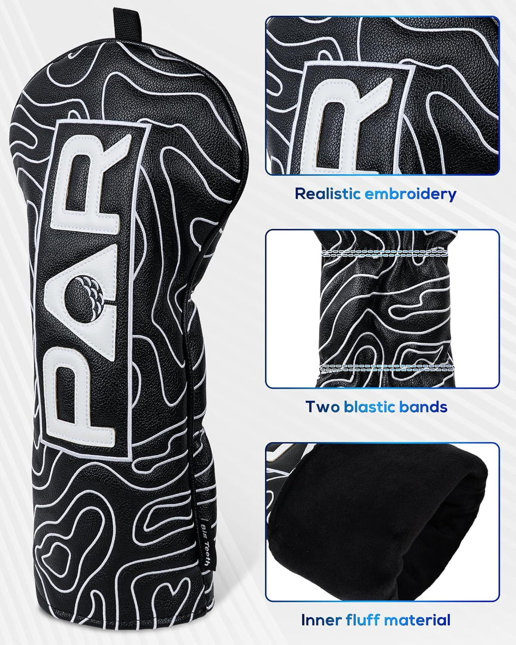 Big Teeth Golf Club Covers Full Set Driver Headcover Fairway Wood Hybrid Golf Club Iron Head Covers, Topographic Edition Putter Cover Leather Golf Head Covers Pure Black, Gifts for Men