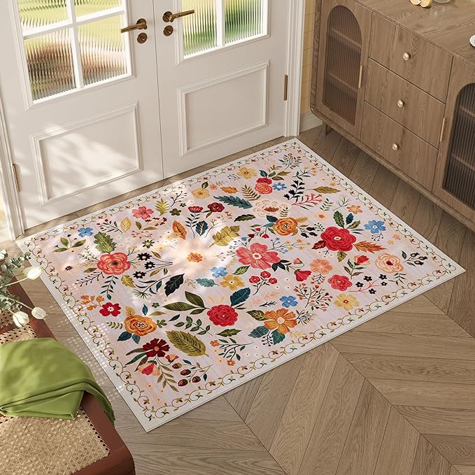 Rugcomf Door Mat Indoor Entrance 2x3 Rug Machine Washable Boho Floral Small Area Rug Non-Slip Low Pile Throw Rugs for Entryway, Kitchen, Front Door Indoor Entrance, Entry, Kids Room (Beige)