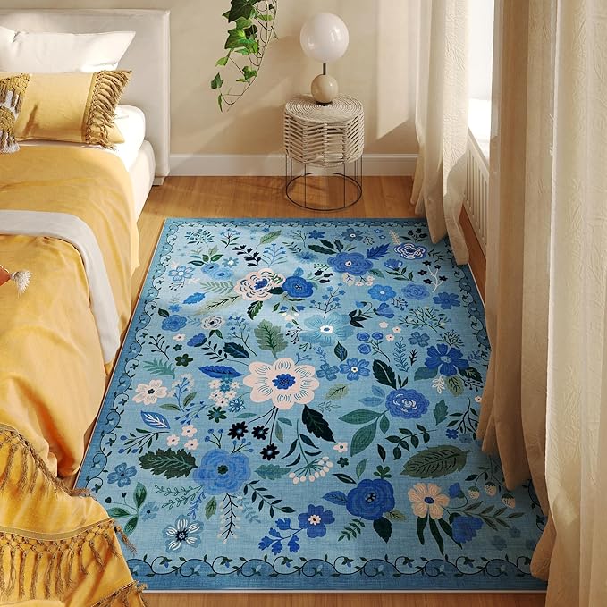 Rugcomf Bedroom Rug 3x5 Rug Washable Area Rug Non Slip Low Pile Boho Floral Small Carpet for Bedroom, Bedside, Kitchen, Entryway, Kids Room, Office, College Dorm Essentials for Girls(Blue)