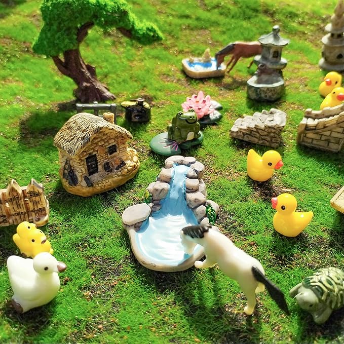 37PCS Fairy Garden Accessories, Miniature Nature Village Theme Fairy Garden Supplies for Outdoor, Mini Resin Animals House Bridge Pool Figurines Micro Landscape Succulent Plant Pots Terrarium Decor