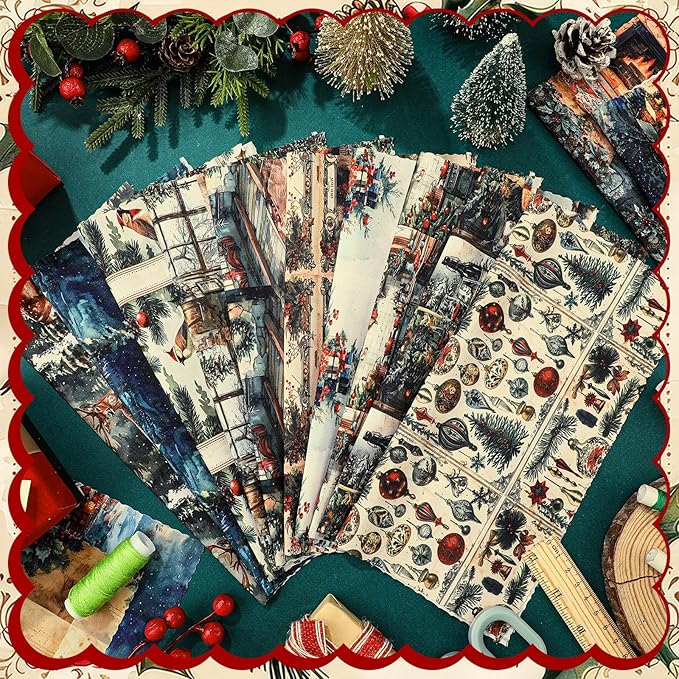 Ganeen 60 Pcs 10 x 10 Inch Vintage Christmas Quilting Fabric Squares Nutcracker Santa Claus Fabric Bundle Retro Reindeer Fat Patchwork Precut Stripe for Winter Xmas Handmade Material Sewing DIY Craft