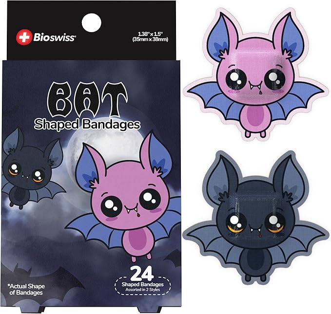 BioSwiss Bandages, Halloween Bat Shaped Self Adhesive Bandage, Latex Free Sterile Wound Care, Fun First Aid Kit Supplies for Kids, 24 Count