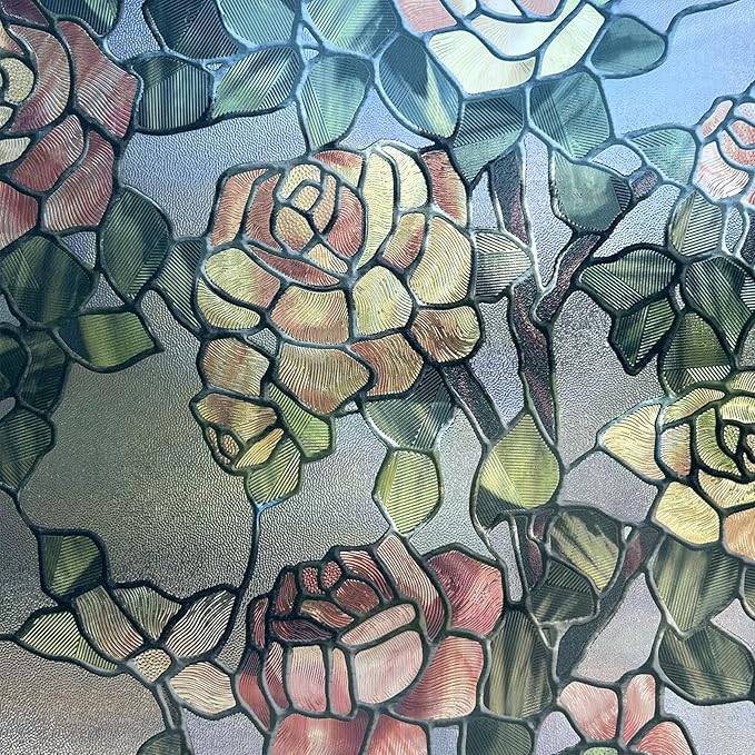 Stained Glass Window Film, 3D Decorative Window Privacy Film for Bathroom,Front Door,Home, Sun Blocking Heat Control,Static Cling, The Beast's Rose 17.3inch x 47.2inch
