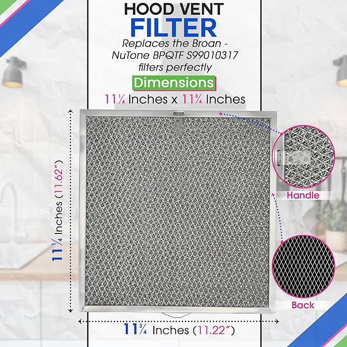 Stove Hood Vent Filter 11.6” x 11.2” BPQTF S99010317 Compatible with Broan Range Hood Filter Replacement for Ductless Overhead - Metal Mesh Filters Grease and Carbon Freshens Kitchen Oven Air (1-Pk)