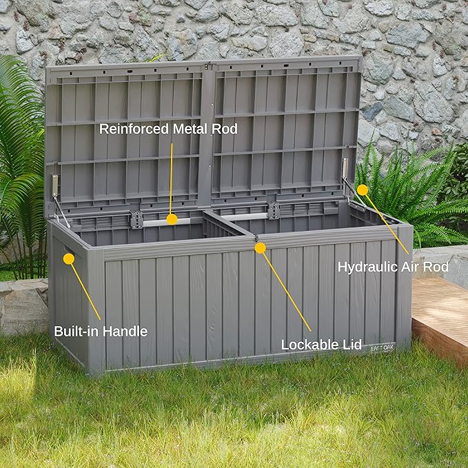 EAST OAK Outdoor Storage Box, 150 Gallon Deck Box, Large Resin Storage Bin for Patio Cushions, Gardening Tools, Lockable, Waterproof and UV Resistant, Grey