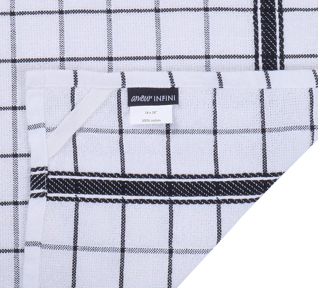 AMOUR INFINI Terry Cotton Kitchen Towels 4-Pack - Large 18 x 28 Inch, Absorbent & Soft Dish Towel with Hanging Loop, Washable Ideal for Cleaning, Drying (Black)