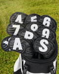 Big Teeth Golf Club Covers Full Set Driver Headcover Fairway Wood Hybrid Golf Club Iron Head Covers, Topographic Edition Putter Cover Leather Golf Head Covers Pure Black, Gifts for Men