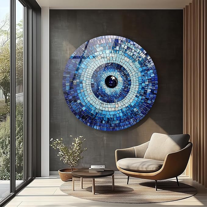 My Photostation.com 24''(60cm) Diameter Blue Mosaic Evil Eye Round Glass Wall Art Tempered Glass Printing Wall Decor Large Wall Art Wall Hangings