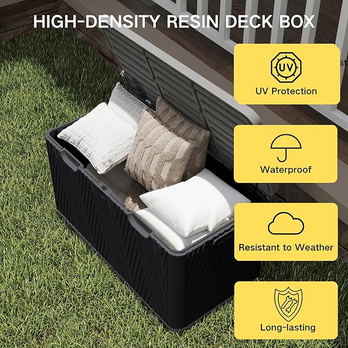 Kingdura 110 Gallon Outdoor Storage Box, Waterproof Resin Deck Box for Indoor and Outdoor Use, Lockable Storage Container for Patio Furniture Cushions Garden Tools (Black, 110 Gallon)