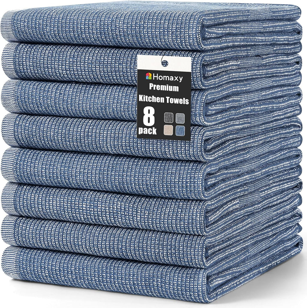 Homaxy Premium Kitchen Towels(18”x 28”, 8 Pack), Large Cotton Kitchen Hand Towels, Flat and Terry Dish Towels, 380 GSM Highly Absorbent Tea Towel Set with Hanging Loop, Navy Blue