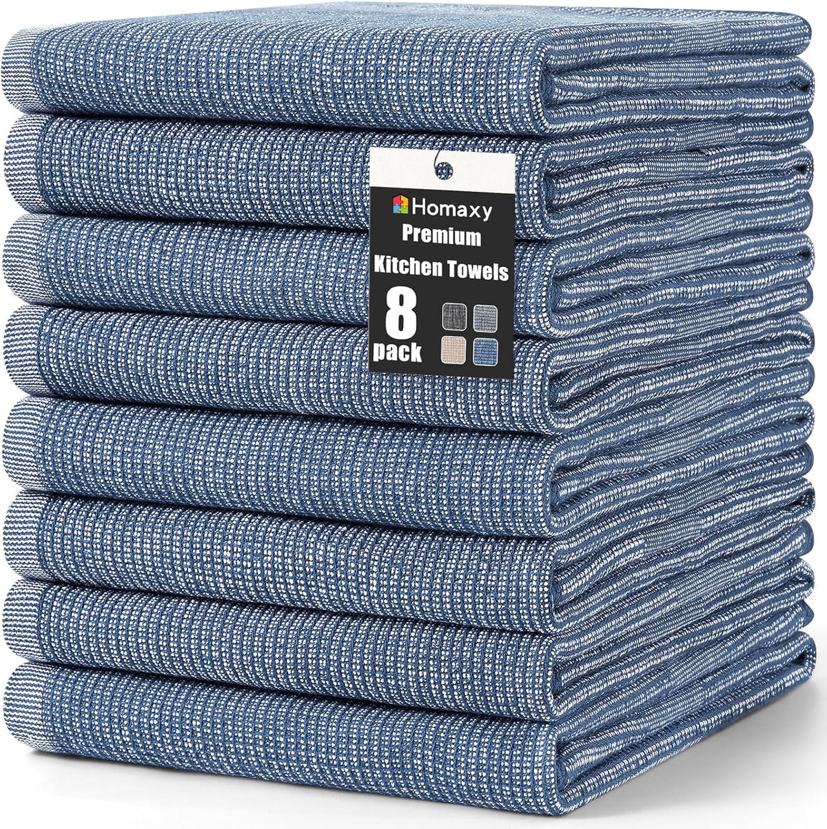 Homaxy Premium Kitchen Towels(18”x 28”, 8 Pack), Large Cotton Kitchen Hand Towels, Flat and Terry Dish Towels, 380 GSM Highly Absorbent Tea Towel Set with Hanging Loop, Navy Blue
