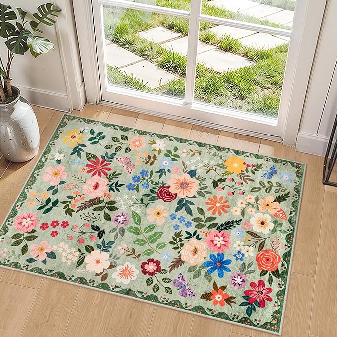 Entryway Rug 2X3 Small Rugs: Floral Washable Door Mat Vintage Soft Low Pile Non-Slip Kitchen Rugs Stain Resistant Indoor Throw Rug for Entrance, Bedroom, Kitchen, Laundry, Bathroom Green