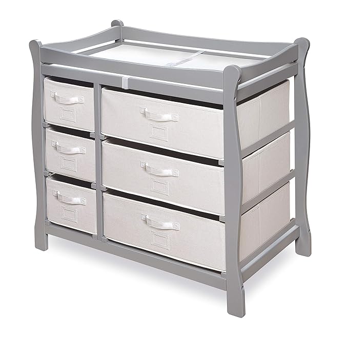Badger Basket Sleigh Style Baby Changing Table - Diaper Station with 6 Removable Storage Baskets, Safety Rails, Pad, and Belt - Nursery Organizer - Cool Gray