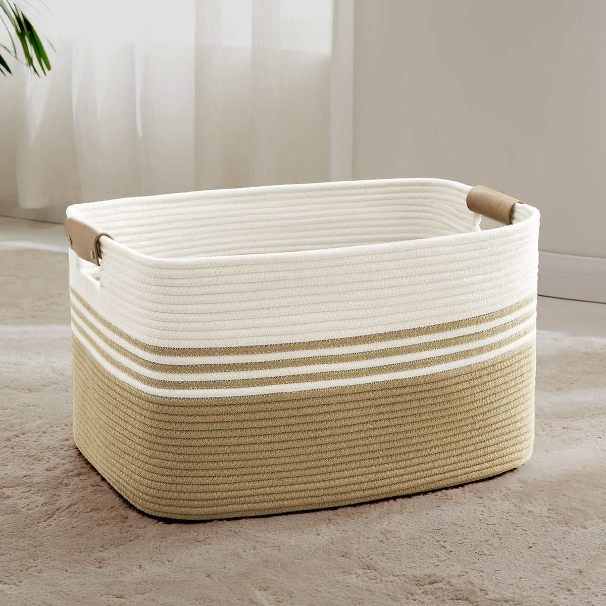 72L Large Laundry Basket with Leather Handles for Living Room Storage, Woven Rope Baskets Bin for Blanket, Kids Toy, Gifts, Wicker Hamper for Bedroom Dirty Clothes, 22"x17"x12" Khaki