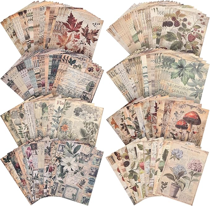 120 Sheets Vintage Botanical Scrapbook Paper Set, Journaling Scrapbooking Supplies Craft Decoupage Papers Kit, 4 Themes x 30 Mushroom Floral Antique Letter Design for Junk Journals Collage Card Making