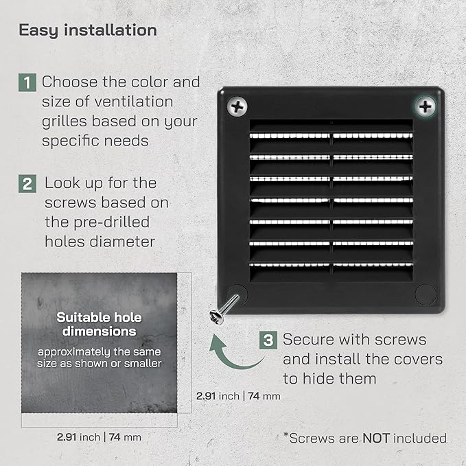 Vent Systems 3" x 3" - Pack of 2 - Black Plastic Soffit Vent Cover - Durable Flat Square Air Vent Grille with Mesh Screen - Weather Resistant Ventilation Grill - Wall & Ceiling, Indoor & Outdoor